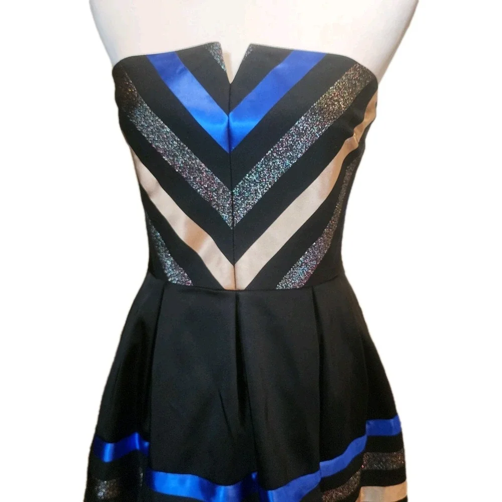 Shoshanna Fit and Flare Strapless Dress Womens 10 Black Gold‎ Blue Chevron NEW